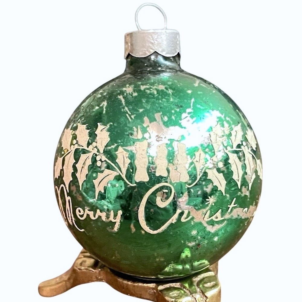 Vtg 1960 Shiny Brite Mercury Glass Merry‎ Christmas Stencil Green Ornament 2.5"